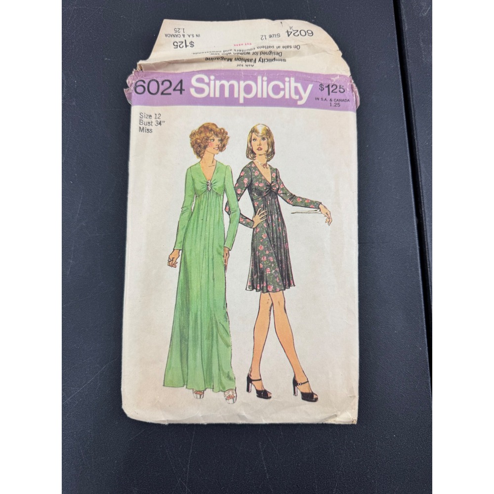 Vintage 1970s Simplicity 6024 Sewing Pattern Misses Dress Size 12 Bust 34 Cut